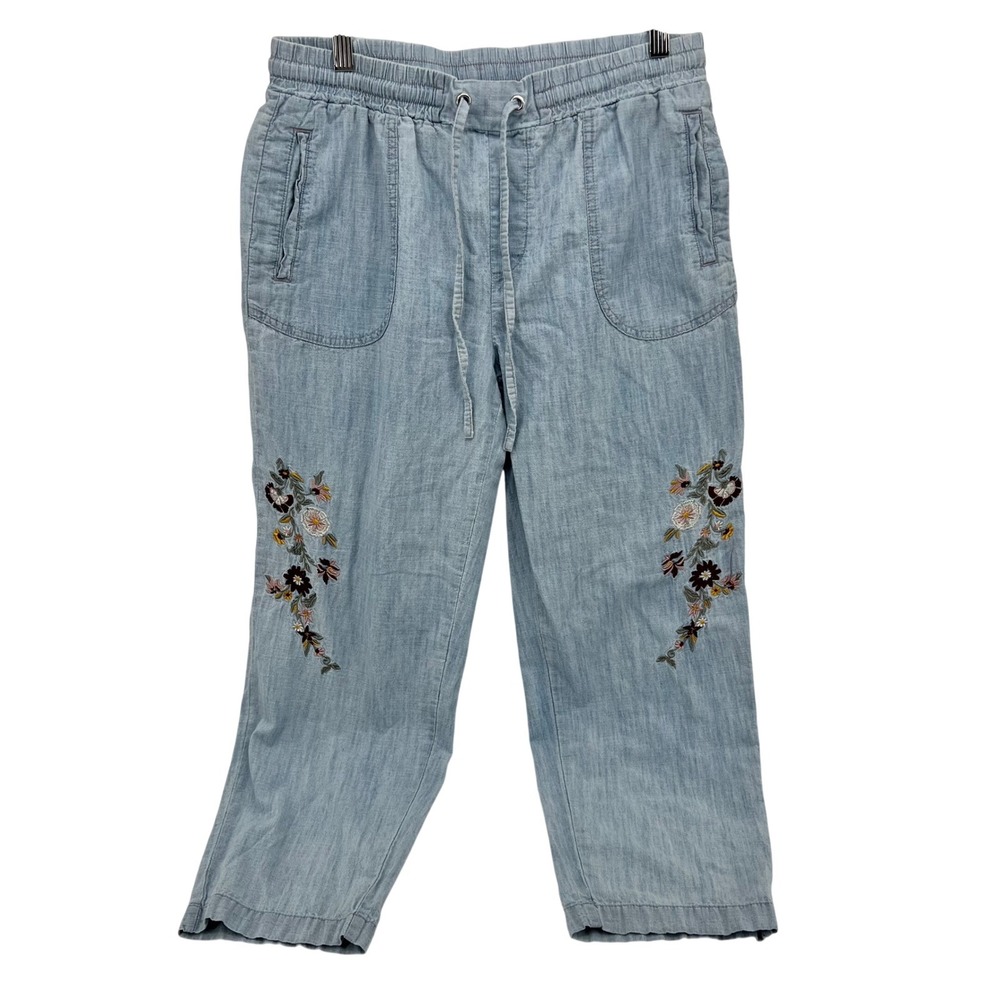 Cato Womens Blue Pull on Floral Embroidered Elastic‎ Waist Pants Size M